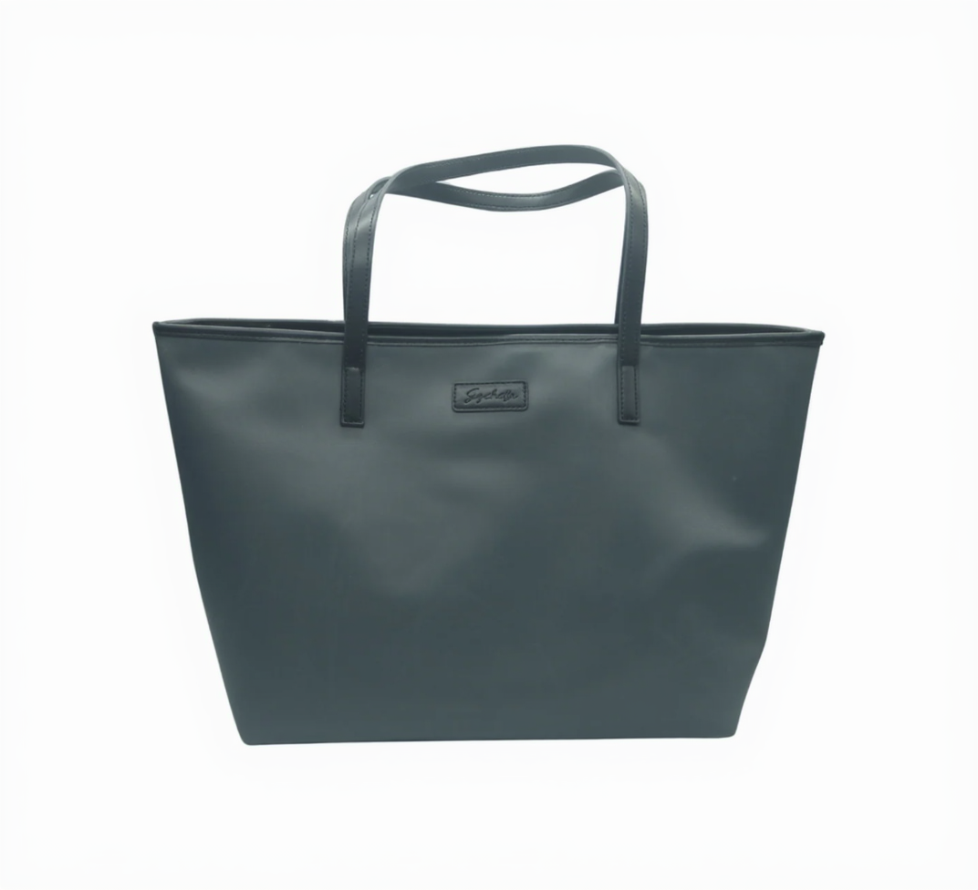 Dark green tote bag with a visible brand logo on a white background