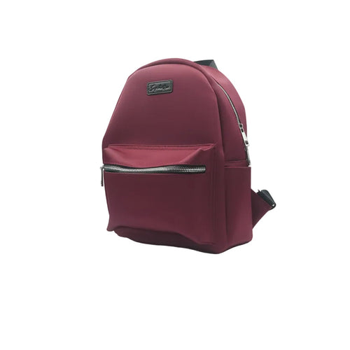Maroon backpack with a visible brand logo on a white background