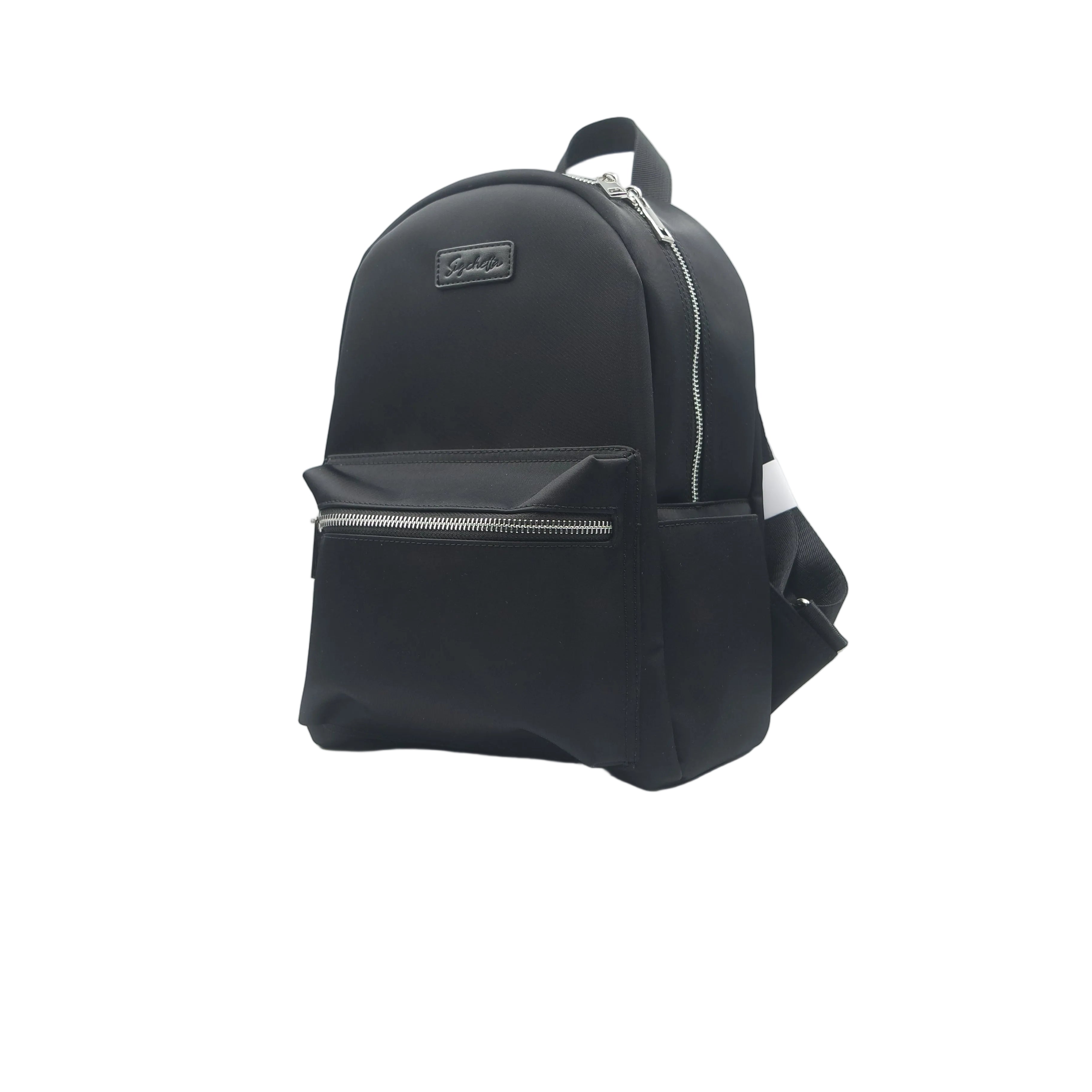 Black backpack with a visible brand logo on a white background