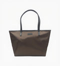 Brown tote bag with a visible brand logo on a white background