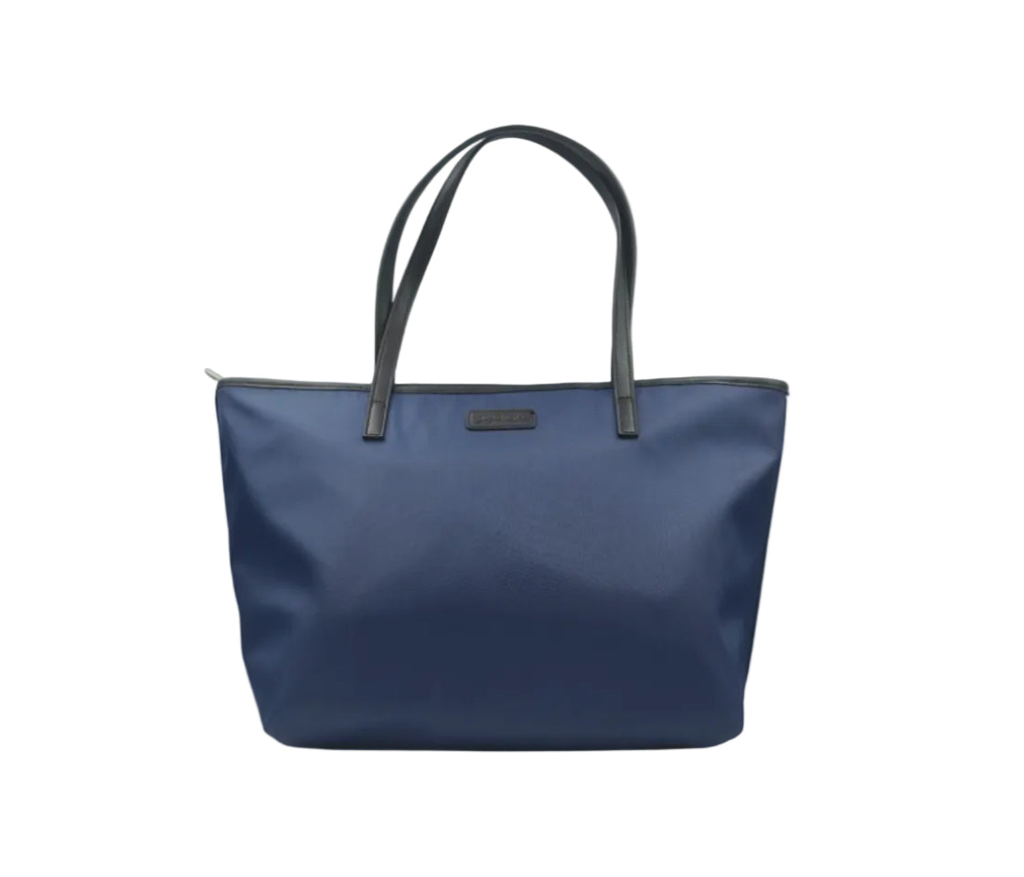 Blue handbag with black handles on a white background