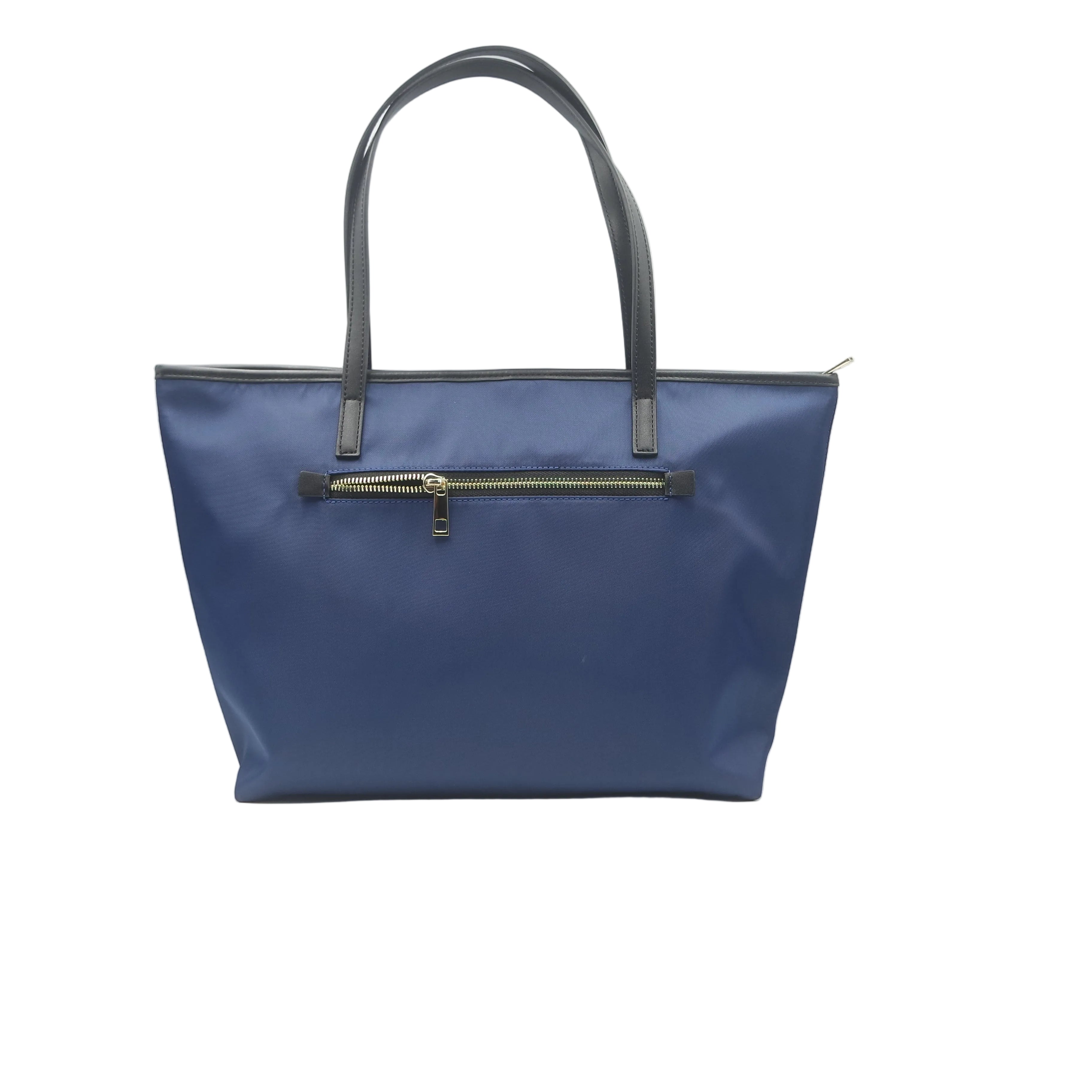 Blue handbag with black handle and zipper on a white background